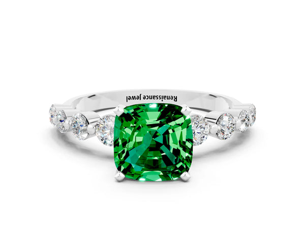 Silver Cushion Cut Solitaire Emerald Ring with Pave Band and Four-Prong Setting