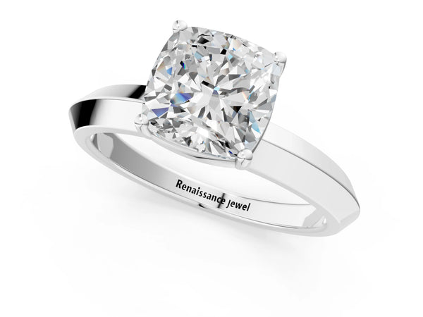 White gold Cushion Cut Solitaire Engagement Ring with Flat Band and Four-Prong Setting