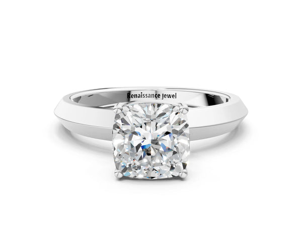 White gold Cushion Cut Solitaire Engagement Ring with Flat Band and Four-Prong Setting