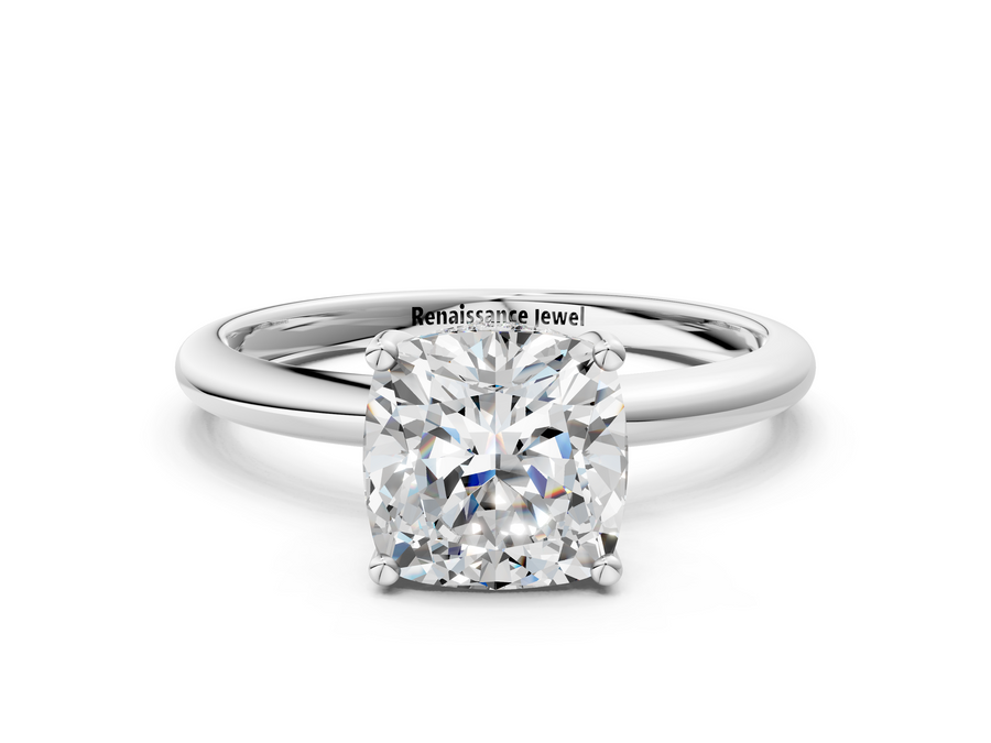 White gold Cushion Cut Solitaire Engagement Ring with Four-Prong Setting and Classic Band
