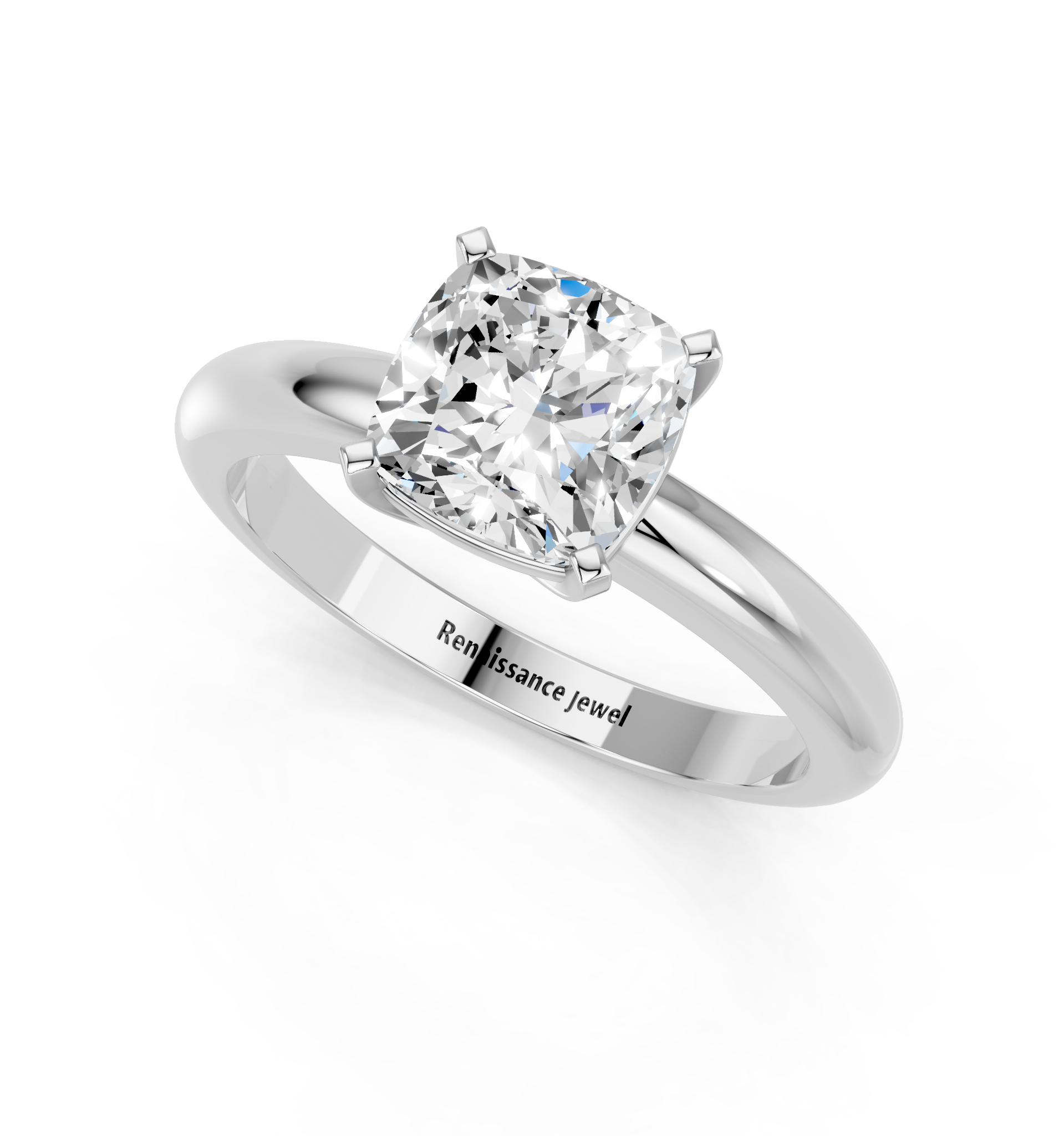 White gold Cushion Cut Solitaire Engagement Ring with Round Band and Four-Prong Setting_279