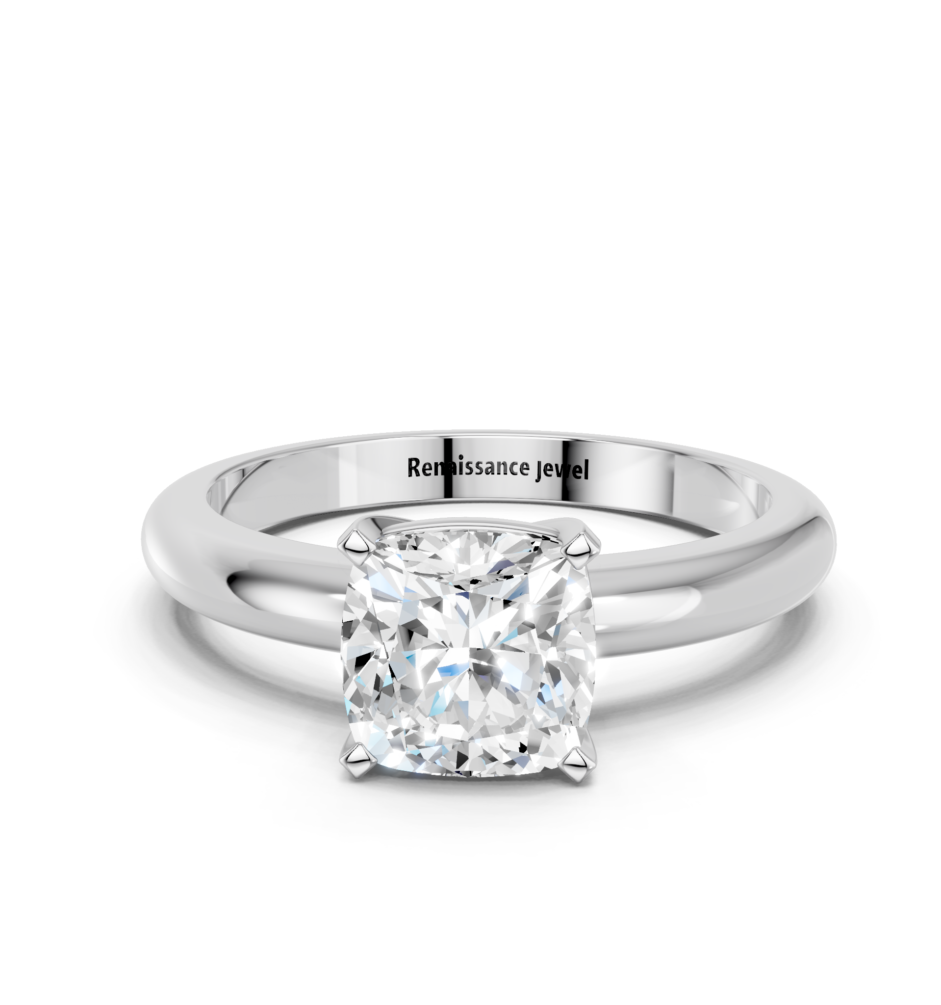 White gold Cushion Cut Solitaire Engagement Ring with Round Band and Four-Prong Setting_300