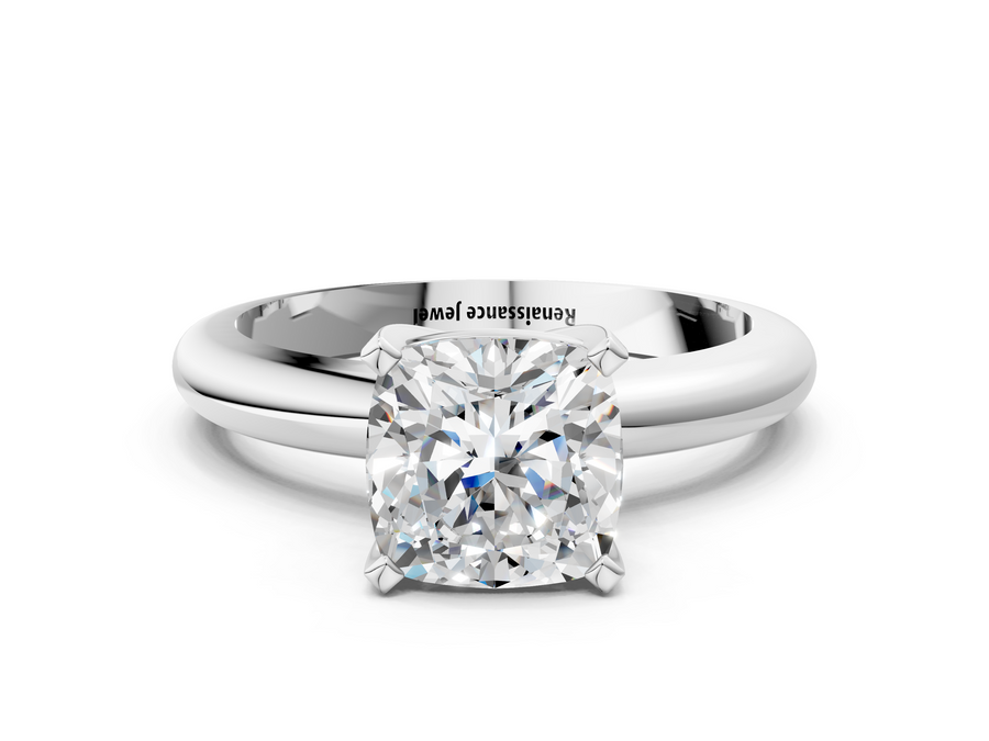 White gold Cushion Cut Solitaire Engagement Ring with Round Band and Four-Prong Setting