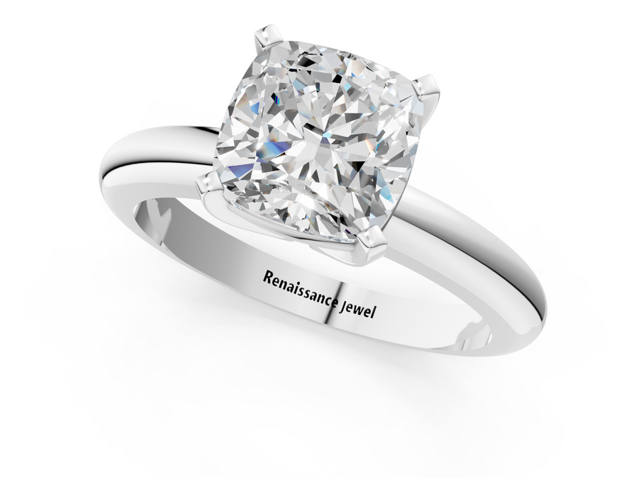 White gold Cushion Cut Solitaire Engagement Ring with Round Band and Four-Prong Setting