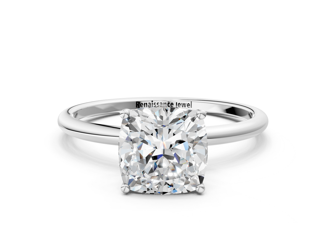 White gold Cushion Cut Solitaire Engagement Ring with Thin Band and Four-Prong Setting_3