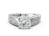 White gold Cushion Cut Solitaire Engraved Band with Four-Prong Setting_113