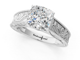 White gold Cushion Cut Solitaire Engraved Band with Four-Prong Setting_114