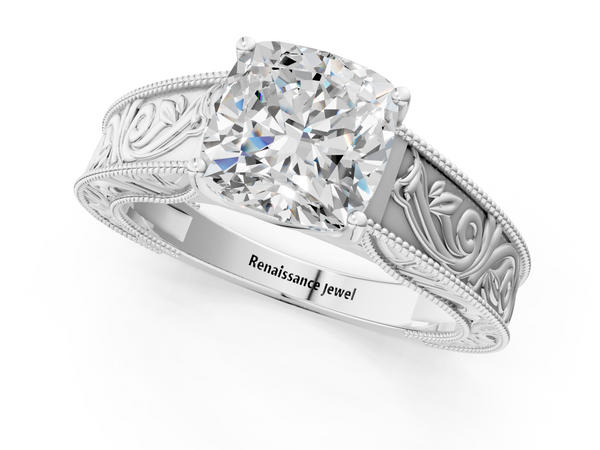 White Gold Cushion Cut Vintage Solitaire Engagement Ring Setting with Leaf Scroll Engraved Band