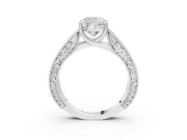 Sterling Silver Cushion Cut Vintage Solitaire Engagement Ring Setting with Leaf Scroll Engraved Band
