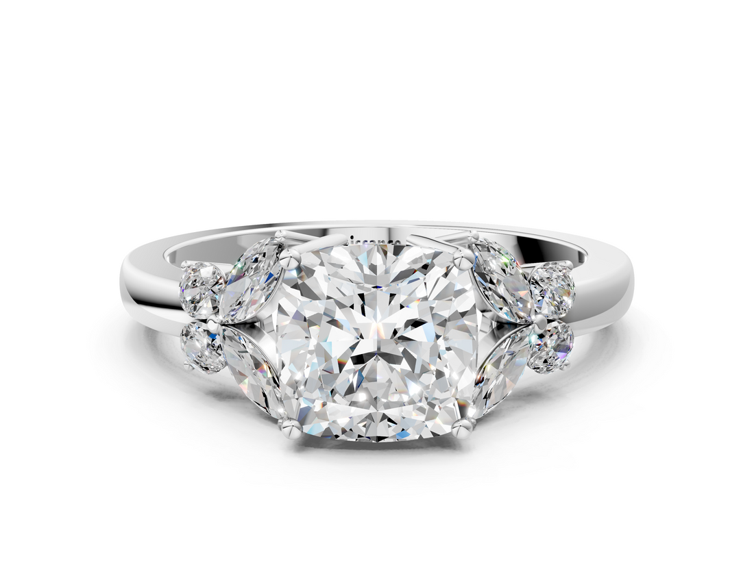 White gold Cushion Cut Solitaire Floral Diamond Ring with Four-Prong Setting_36