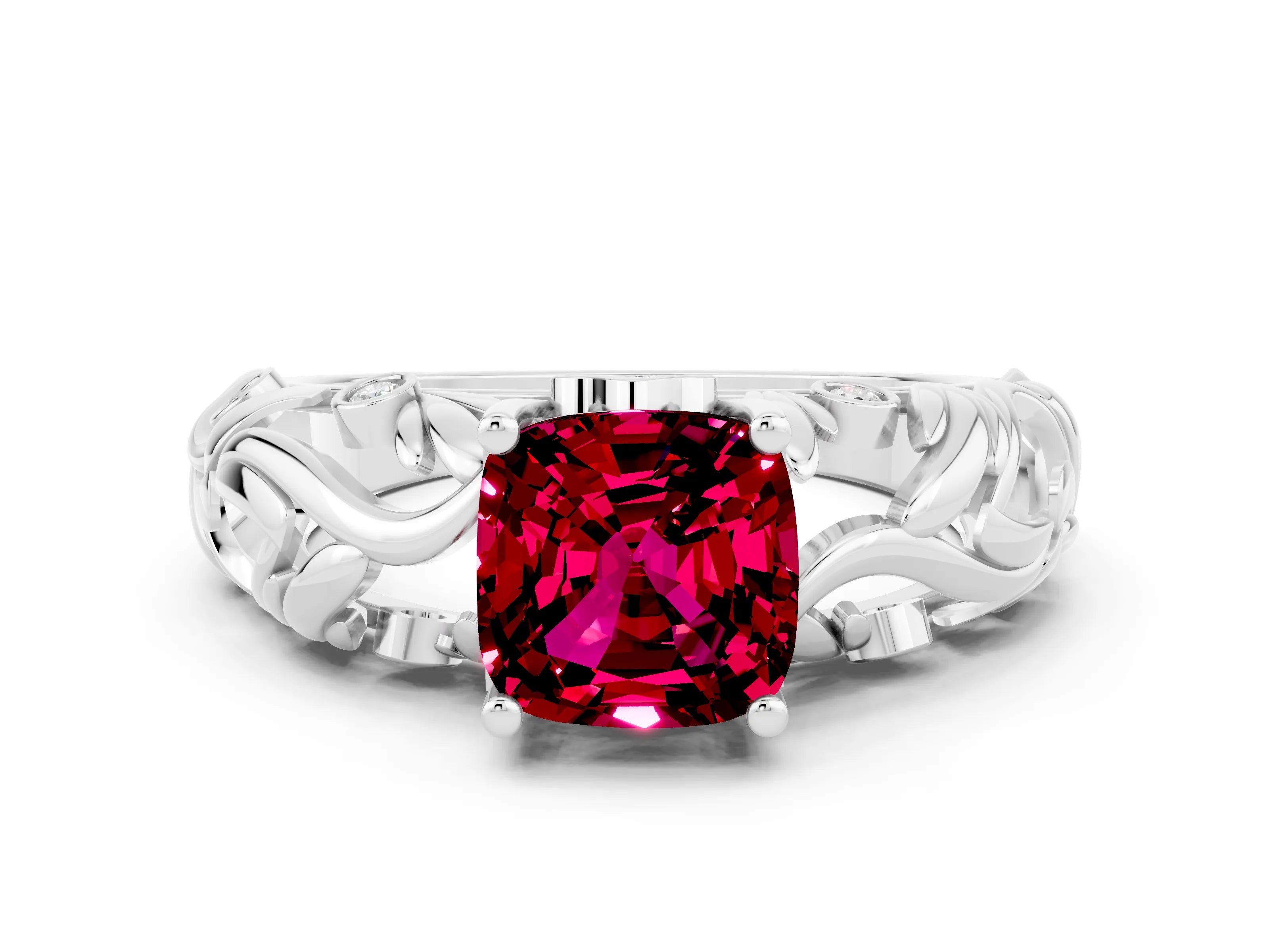 White gold Cushion Cut Solitaire Garnet Leaf-Inspired Vine Band Ring with Prong Setting