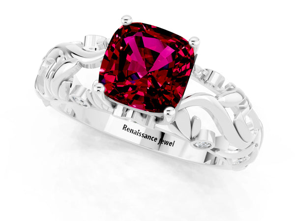 Platinum Cushion Cut Solitaire Garnet Leaf-Inspired Vine Band Ring with Prong Setting