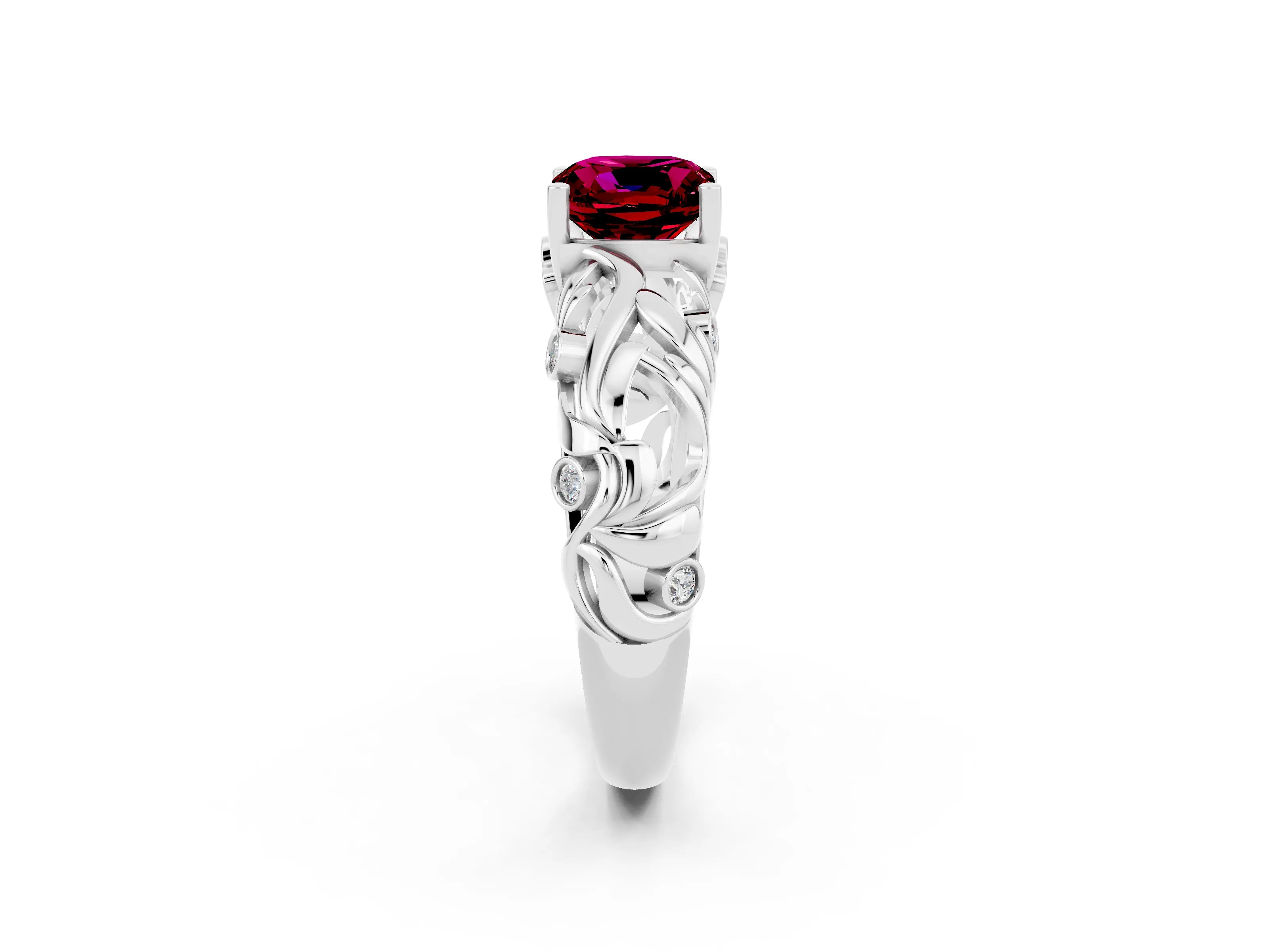 White gold Cushion Cut Solitaire Garnet Leaf-Inspired Vine Band Ring with Prong Setting_2