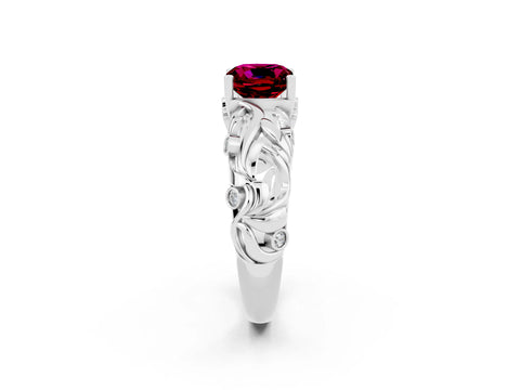 White gold Cushion Cut Solitaire Garnet Leaf-Inspired Vine Band Ring with Prong Setting_2