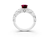 White gold Cushion Cut Solitaire Garnet Leaf-Inspired Vine Band Ring with Prong Setting_3
