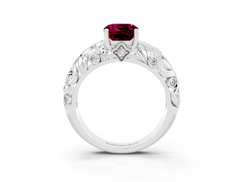 White gold Cushion Cut Solitaire Garnet Leaf-Inspired Vine Band Ring with Prong Setting_3