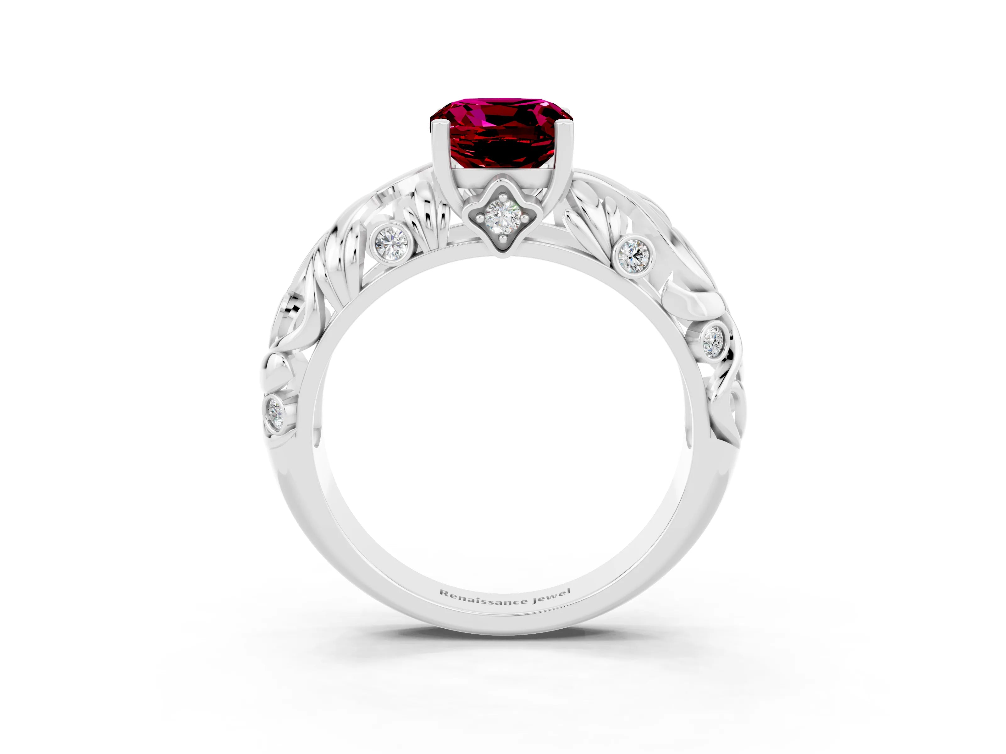 White gold Cushion Cut Solitaire Garnet Leaf-Inspired Vine Band Ring with Prong Setting_3