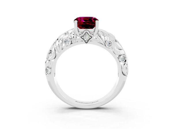 White gold Cushion Cut Solitaire Garnet Leaf-Inspired Vine Band Ring with Prong Setting