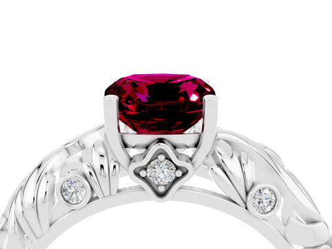White gold Cushion Cut Solitaire Garnet Leaf-Inspired Vine Band Ring with Prong Setting_4