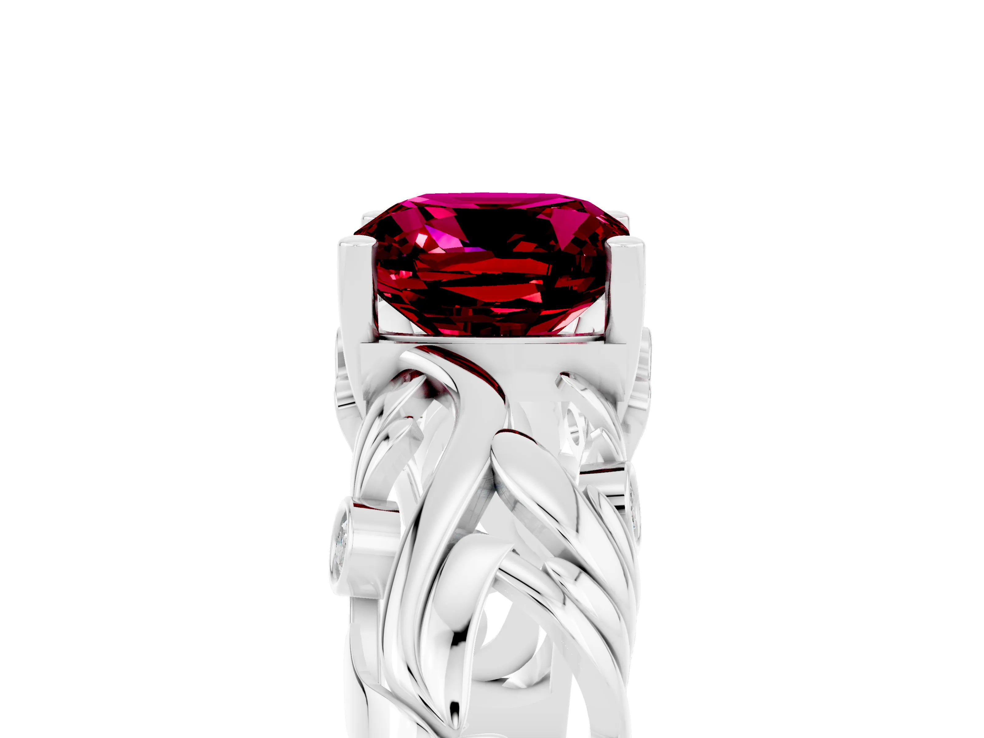 White gold Cushion Cut Solitaire Garnet Leaf-Inspired Vine Band Ring with Prong Setting_5