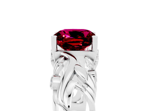 White gold Cushion Cut Solitaire Garnet Leaf-Inspired Vine Band Ring with Prong Setting_5