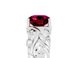 White gold Cushion Cut Solitaire Garnet Leaf-Inspired Vine Band Ring with Prong Setting_5