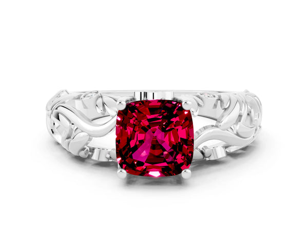 Silver Cushion Cut Solitaire Garnet Leaf-Inspired Vine Band Ring with Prong Setting