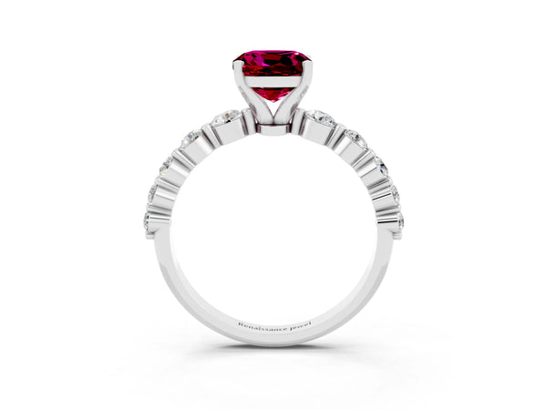 White gold Cushion Cut Solitaire Garnet Ring with Pave Band and Four-Prong Setting