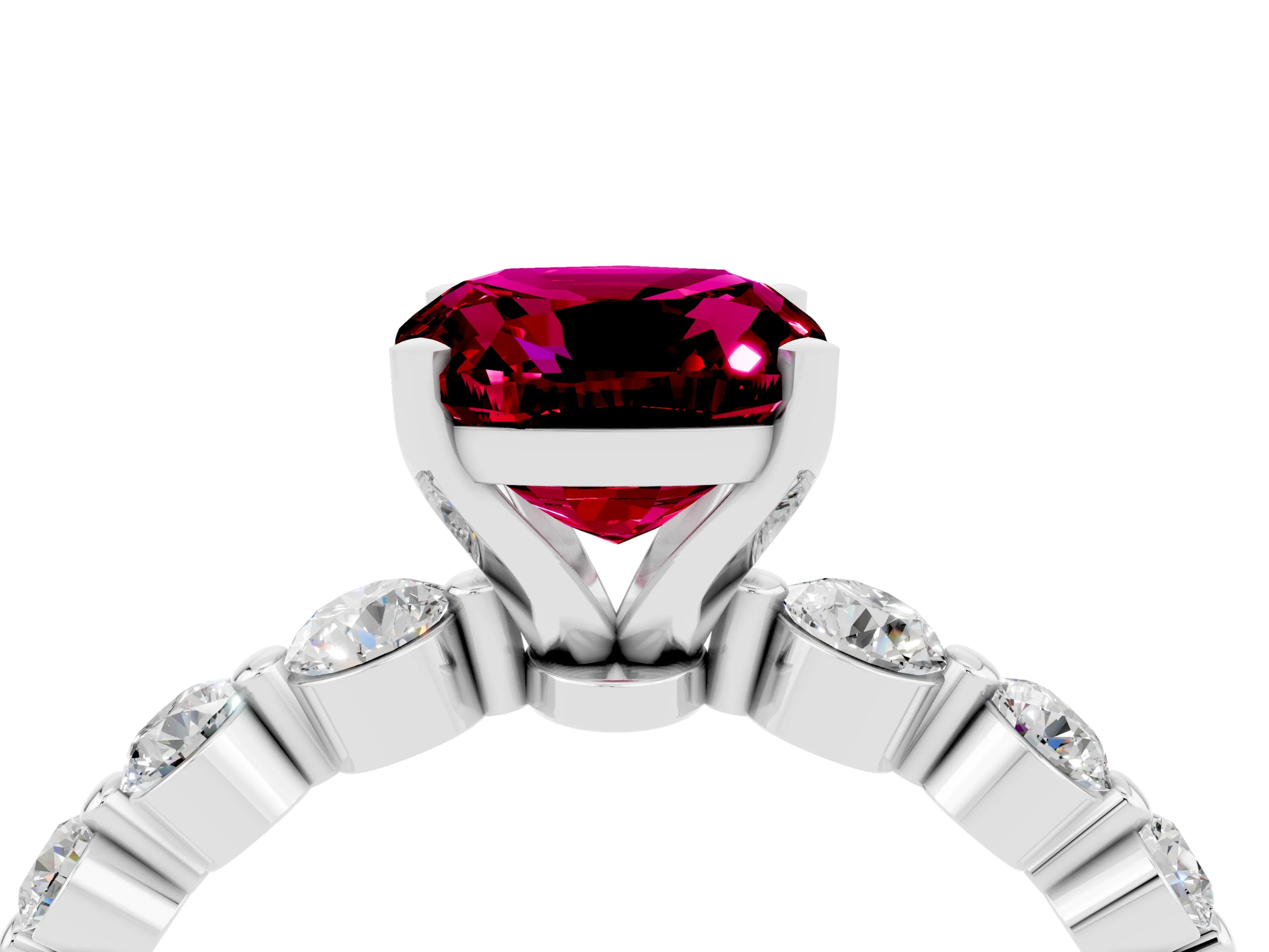 White gold Cushion Cut Solitaire Garnet Ring with Pave Band and Four-Prong Setting_4