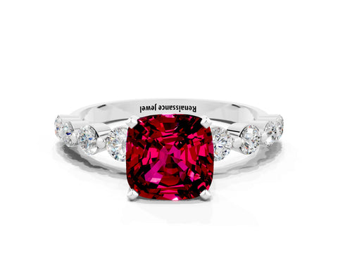 White gold Cushion Cut Solitaire Garnet Ring with Pave Band and Four-Prong Setting