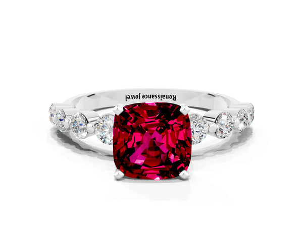 White gold Cushion Cut Solitaire Garnet Ring with Pave Band and Four-Prong Setting