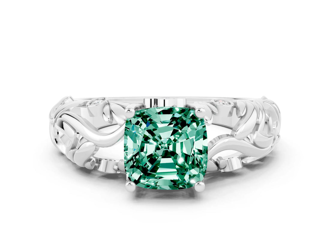 White gold Cushion Cut Solitaire Green Sapphire Leaf-Inspired Vine Band Ring with Prong Setting