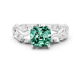 White gold Cushion Cut Solitaire Green Sapphire Leaf-Inspired Vine Band Ring with Prong Setting