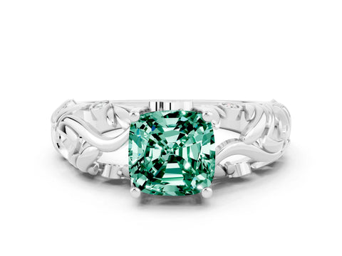 White gold Cushion Cut Solitaire Green Sapphire Leaf-Inspired Vine Band Ring with Prong Setting