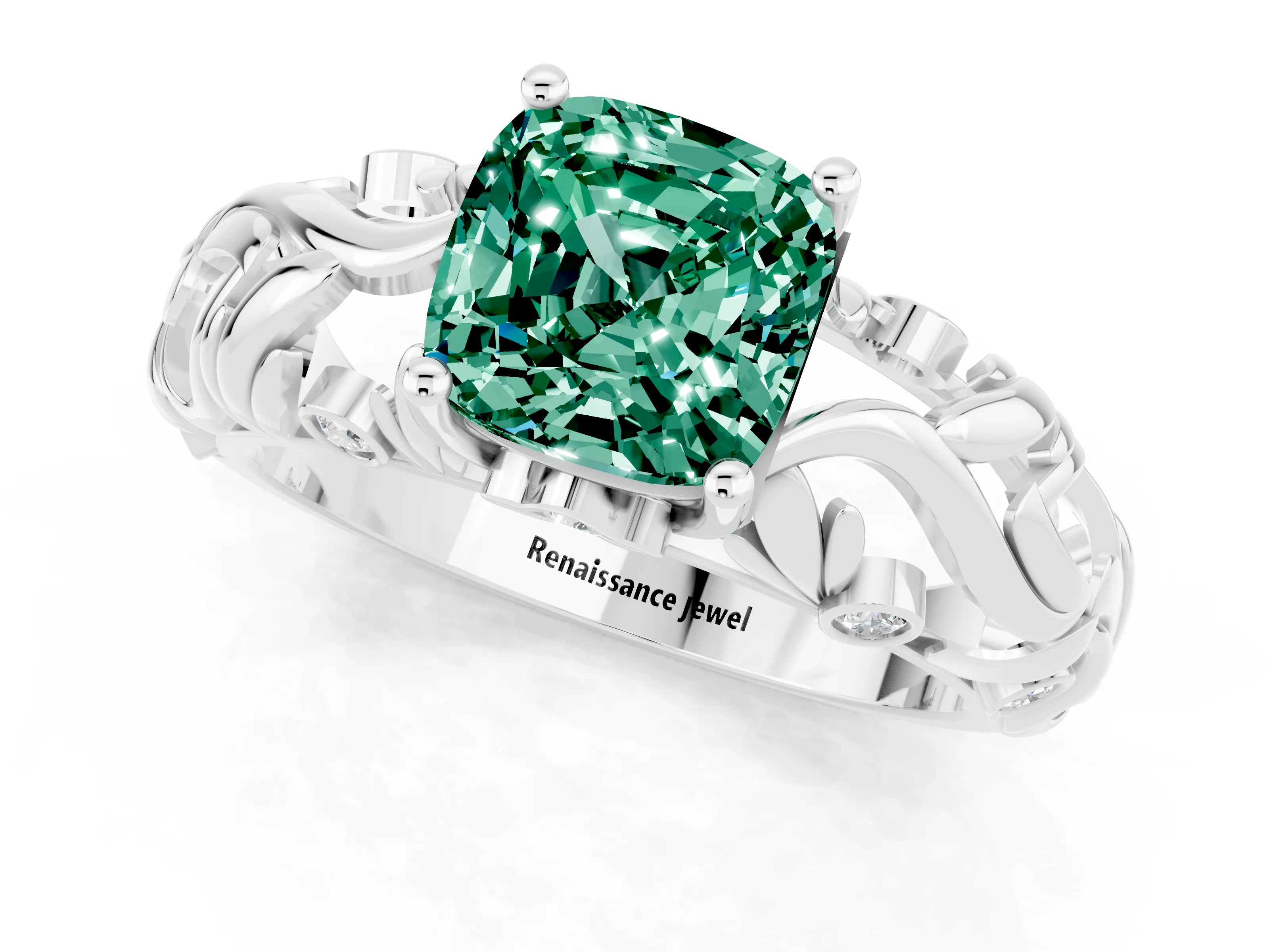 White gold Cushion Cut Solitaire Green Sapphire Leaf-Inspired Vine Band Ring with Prong Setting_1