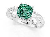 White gold Cushion Cut Solitaire Green Sapphire Leaf-Inspired Vine Band Ring with Prong Setting_1