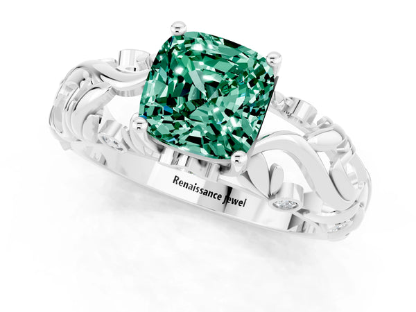 Silver Cushion Cut Solitaire Green Sapphire Leaf-Inspired Vine Band Ring with Prong Setting