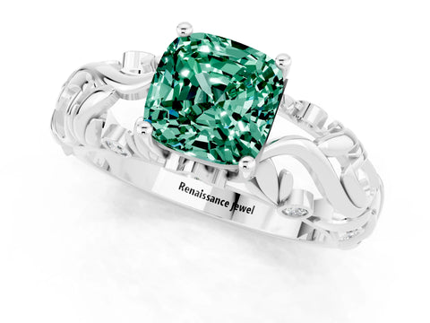 White gold Cushion Cut Solitaire Green Sapphire Leaf-Inspired Vine Band Ring with Prong Setting_1