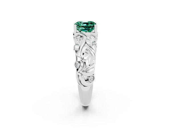 Platinum Cushion Cut Solitaire Green Sapphire Leaf-Inspired Vine Band Ring with Prong Setting