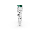White gold Cushion Cut Solitaire Green Sapphire Leaf-Inspired Vine Band Ring with Prong Setting_2