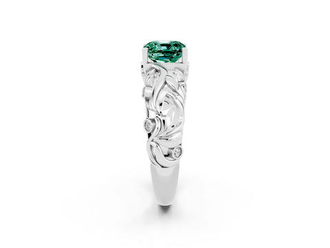 White gold Cushion Cut Solitaire Green Sapphire Leaf-Inspired Vine Band Ring with Prong Setting_2