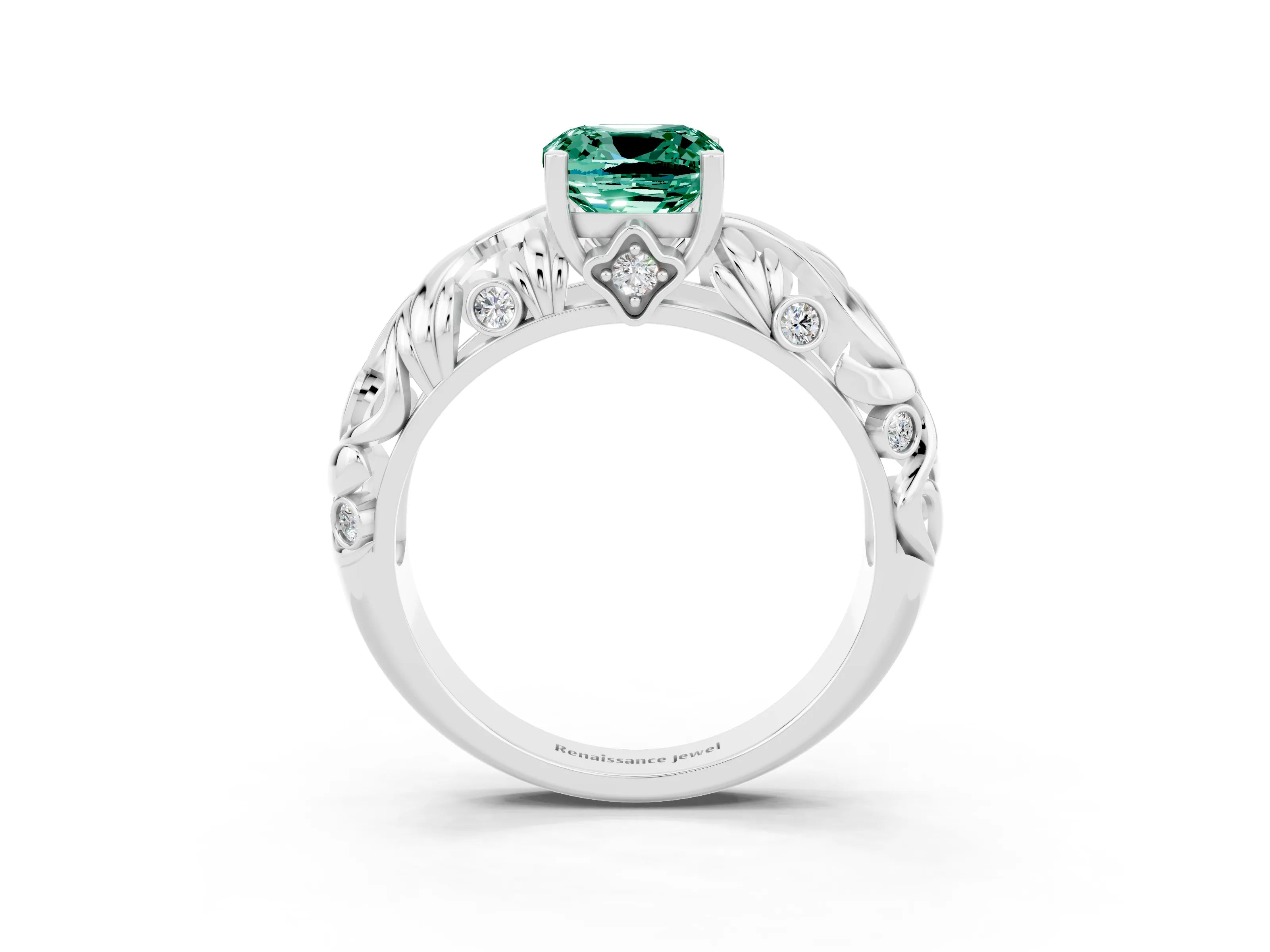 White gold Cushion Cut Solitaire Green Sapphire Leaf-Inspired Vine Band Ring with Prong Setting_3