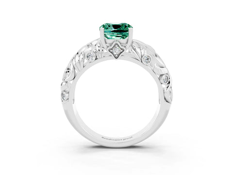 White gold Cushion Cut Solitaire Green Sapphire Leaf-Inspired Vine Band Ring with Prong Setting_3