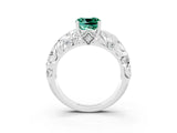White gold Cushion Cut Solitaire Green Sapphire Leaf-Inspired Vine Band Ring with Prong Setting_3