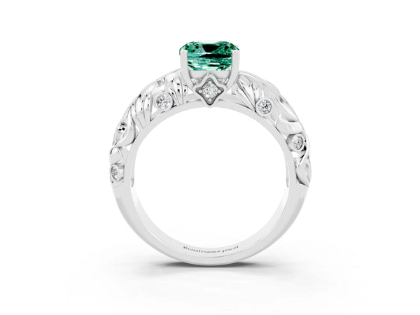 Silver Cushion Cut Solitaire Green Sapphire Leaf-Inspired Vine Band Ring with Prong Setting