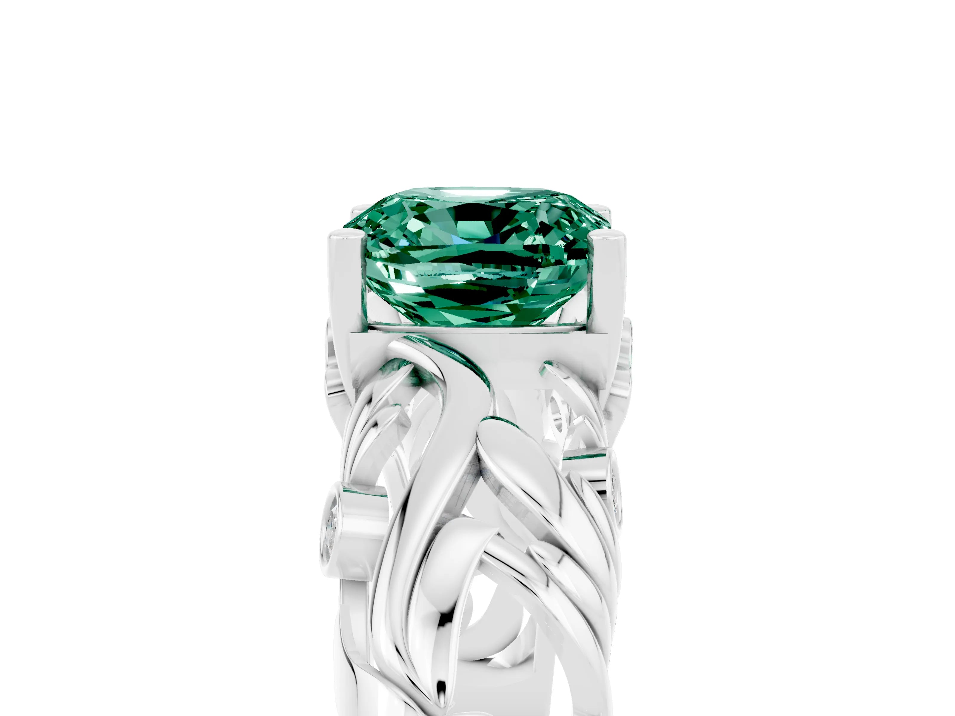 White gold Cushion Cut Solitaire Green Sapphire Leaf-Inspired Vine Band Ring with Prong Setting_5