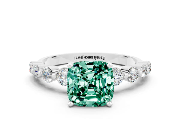 Platinum Cushion Cut Solitaire Green Sapphire Ring with Pave Band and Four-Prong Setting