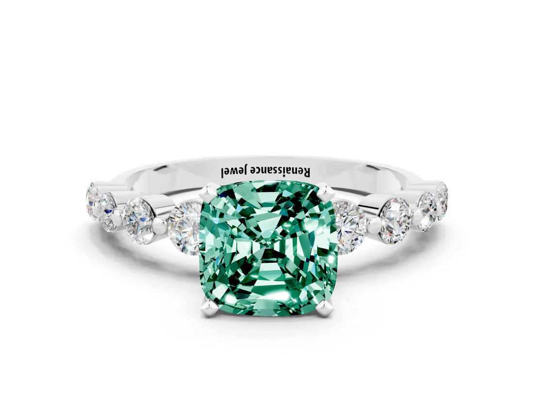White gold Cushion Cut Solitaire Green Sapphire Ring with Pave Band and Four-Prong Setting