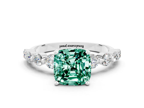 White gold Cushion Cut Solitaire Green Sapphire Ring with Pave Band and Four-Prong Setting