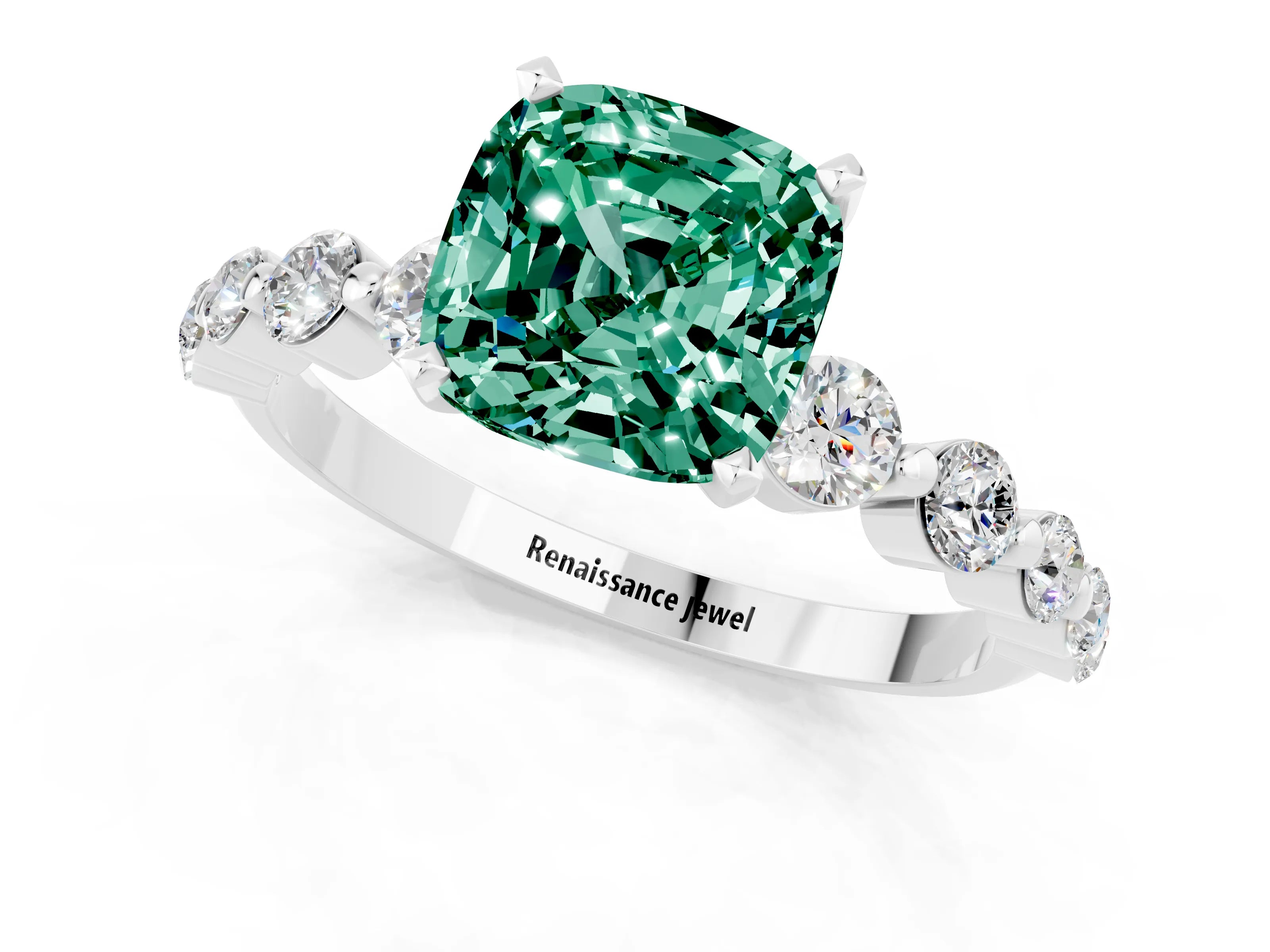 White gold Cushion Cut Solitaire Green Sapphire Ring with Pave Band and Four-Prong Setting_1